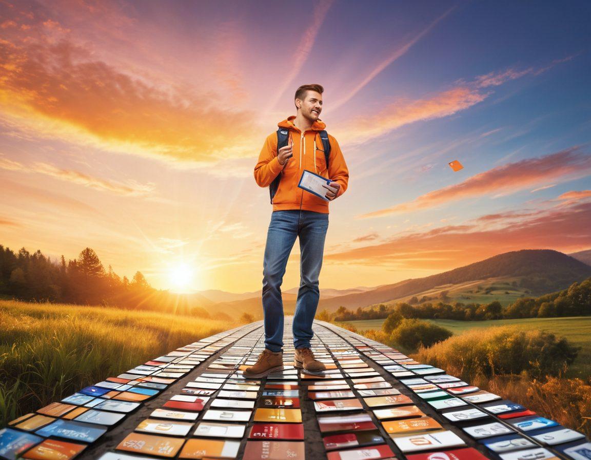 An uplifting illustration depicting a confident individual holding a compass and a healthy budget plan, standing on a path made of credit cards, surrounded by tools symbolizing budgeting and credit repair such as calculators and documents. The background features a bright sunrise symbolizing hope, while vibrant colors convey optimism and clarity. super-realistic. vibrant colors.