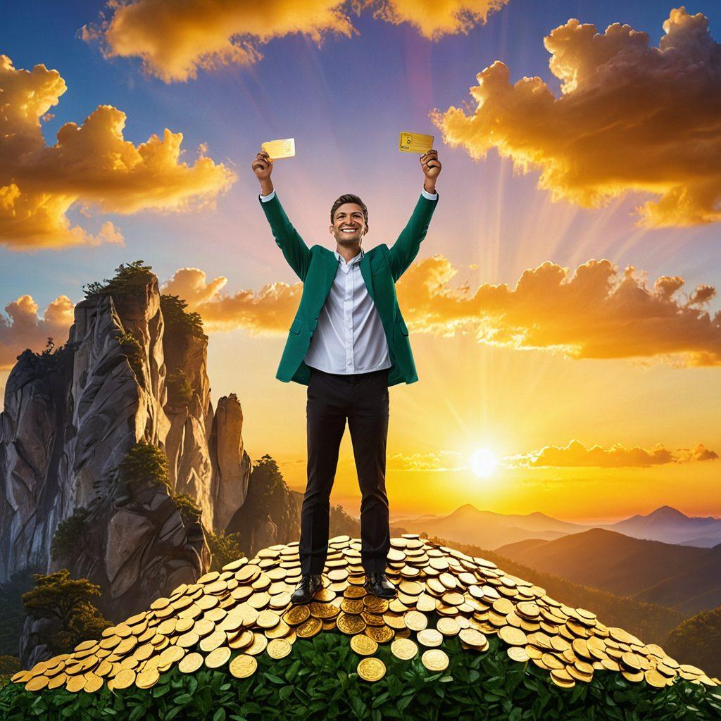 A person standing confidently on top of a mountain of coins, holding a glowing credit score card, surrounded by flourishing green plants symbolizing financial growth. In the background, a sunrise signifies new beginnings and opportunities. The scene conveys empowerment and success in personal finance. vibrant colors. super-realistic.